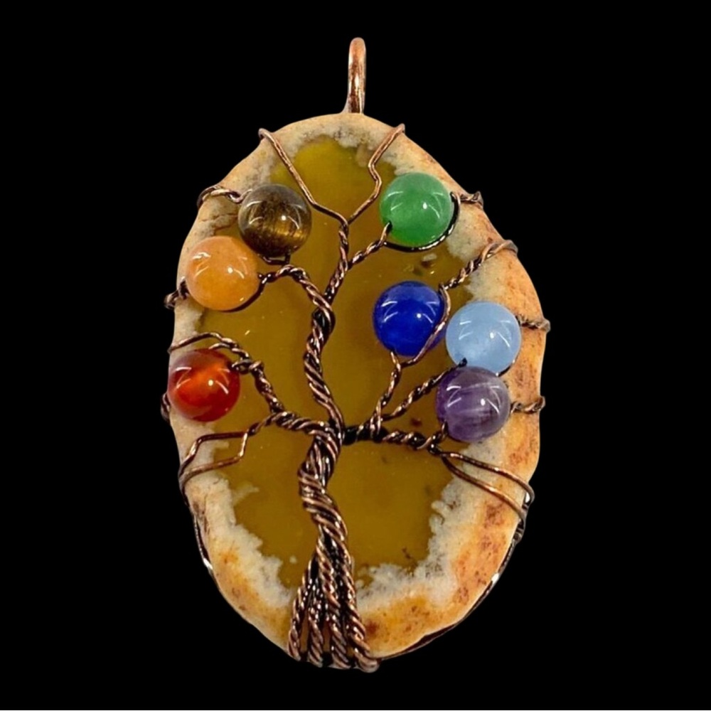 Oval Wire Wrapped Tree Of Life Chakra Natural Gemstone Pendant